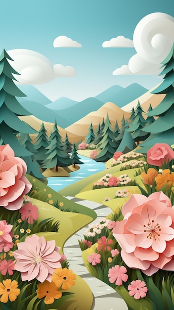 there is a cartoon illustration of a beautiful mountain landscape with flowers generativ ai