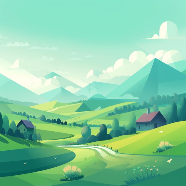 There is a cartoon illustration of a green valley with a road generative ai