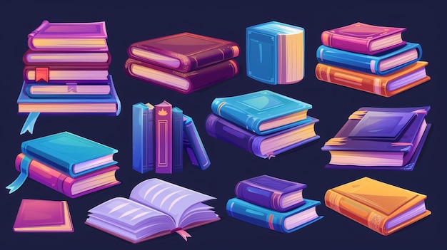 There is a cartoon illustration set of a book stack and a single book The illustration set includes a tall and small pile of paper books with colorful hardcovers and bookmarks which is ideal for