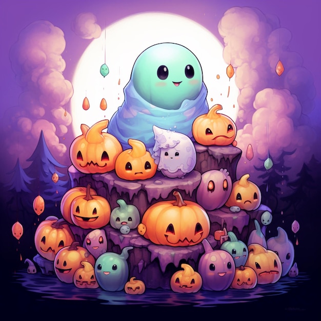 There is a cartoon image of a ghost surrounded by pumpkins generative ai