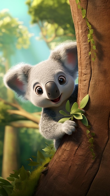 Foto c'è un orso koala di cartone animato che è seduto su un albero generativo ai