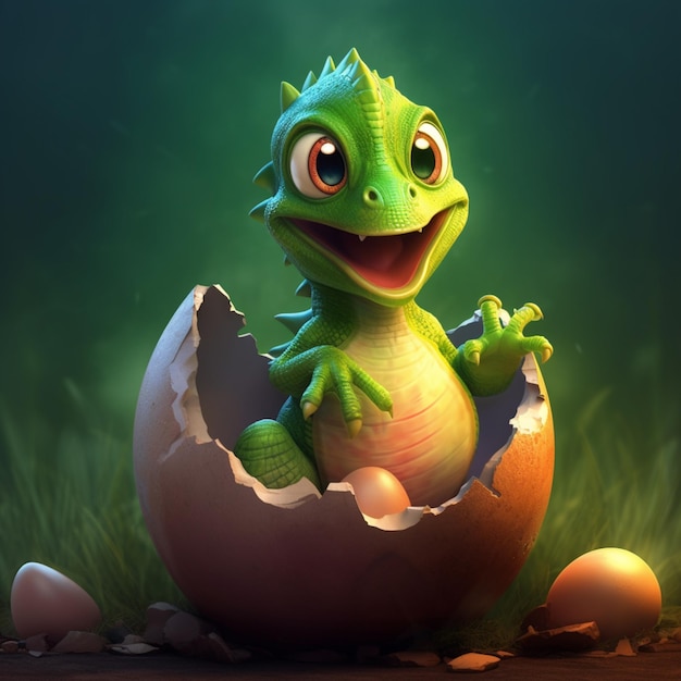 There is a cartoon lizard sitting inside of an egg shell generative ai