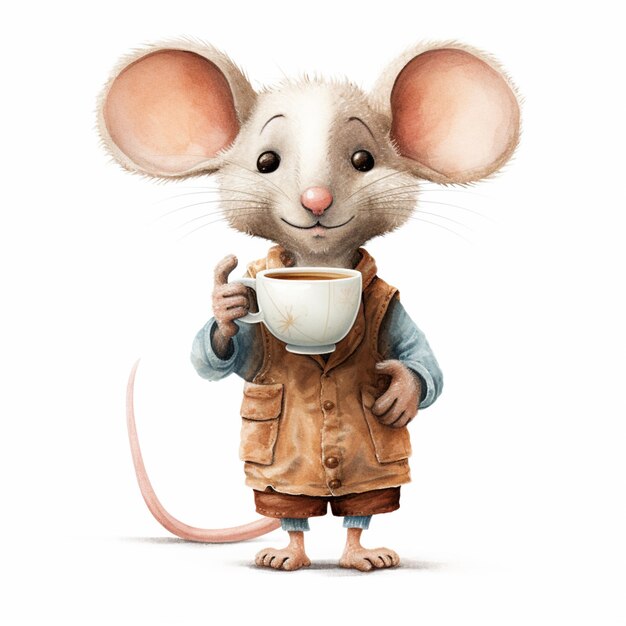 There is a cartoon mouse holding a cup of coffee generative ai