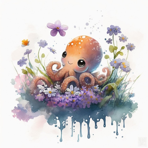 there is a cartoon octopus sitting in the middle of a field of flowers generative ai