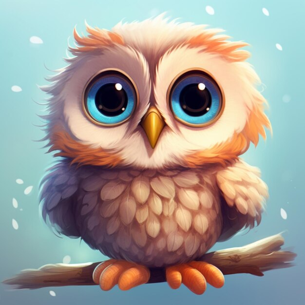 there is a cartoon owl sitting on a branch with blue eyes generative ai
