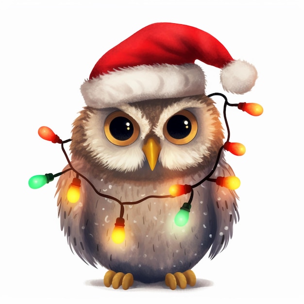 there is a cartoon owl wearing a santa hat with lights generative ai