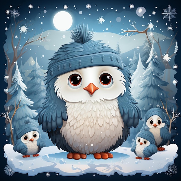 there is a cartoon owl with three small birds in the snow generative ai