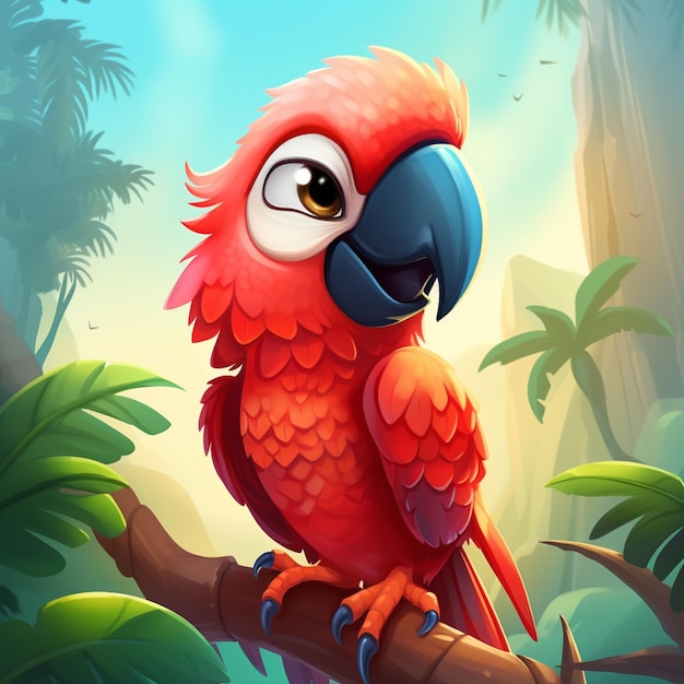 Есть карикатурный попугай, сидящий на ветке в джунглях.