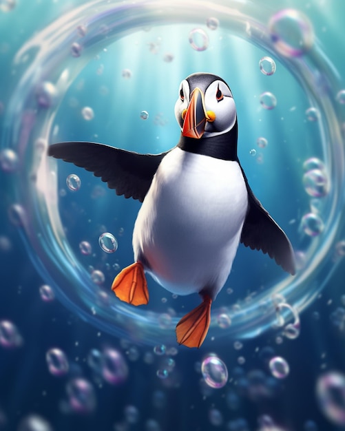 There is a cartoon penguin that is floating in the water generative ai