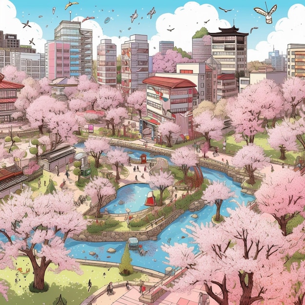 There is a cartoon picture of a city with a river and trees generative ai