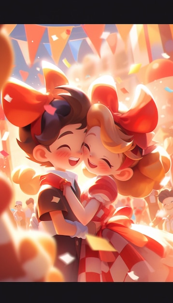 There is a cartoon picture of a couple hugging in a carnival generative ai