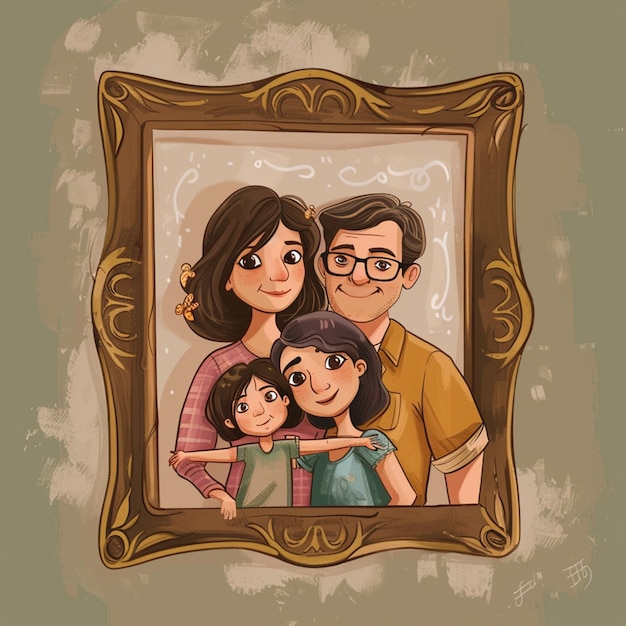 there is a cartoon picture of a family in a picture frame generative ai