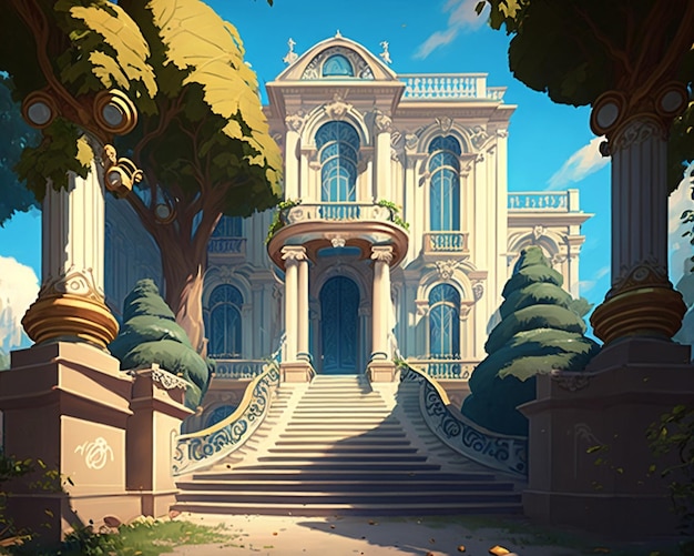 There is a cartoon picture of a large mansion with a staircase generative ai