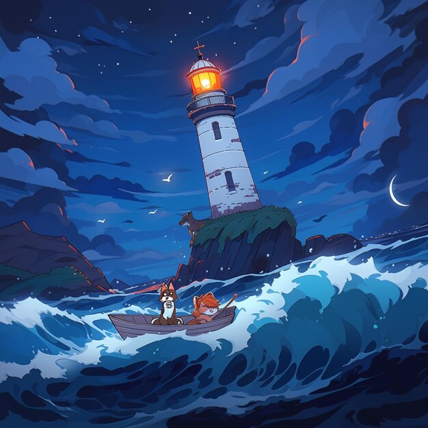 Photo there is a cartoon picture of a lighthouse on a rocky shore generative ai