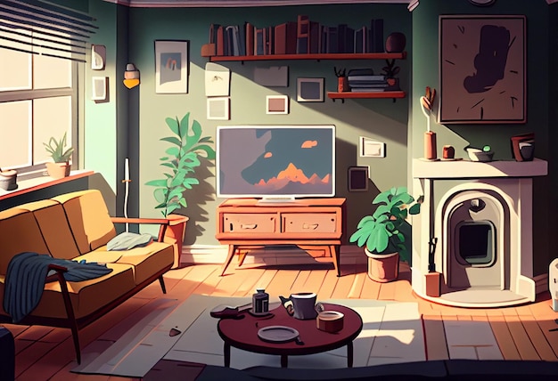 Photo there is a cartoon picture of a living room with a fireplace generative ai