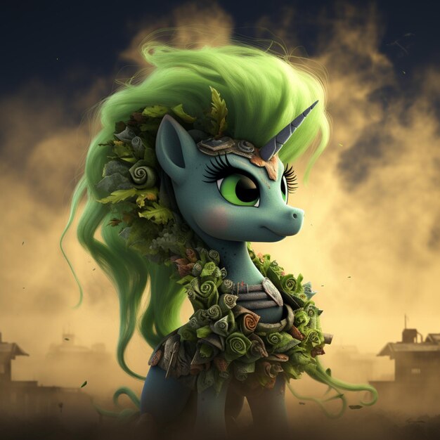 There is a cartoon picture of a pony with green hair generative ai