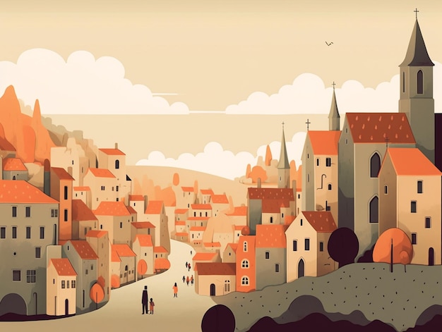 there is a cartoon picture of a town with a church and a person walking down the street generative ai