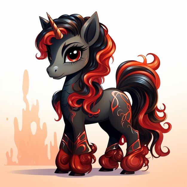 There is a cartoon pony with red hair and a black mane generative ai
