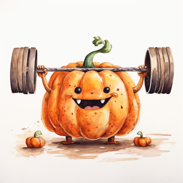 there is a cartoon pumpkin lifting a barbell with a smile on it generative ai