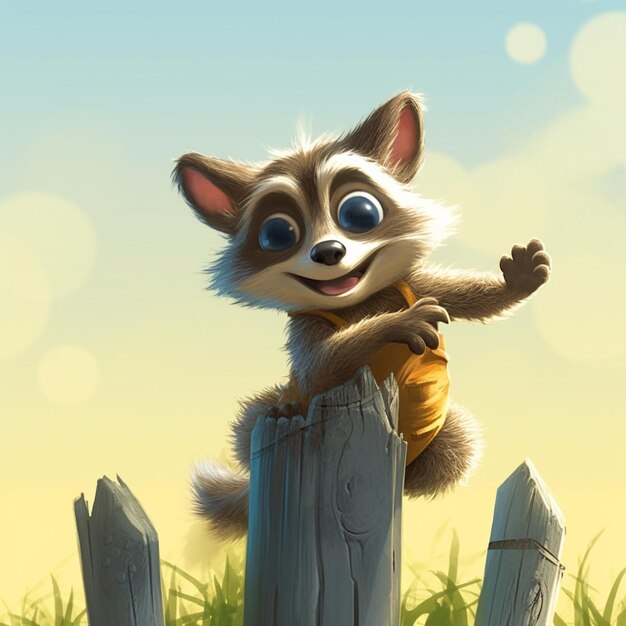 Premium Photo | There is a cartoon raccoon that is standing on a fence ...