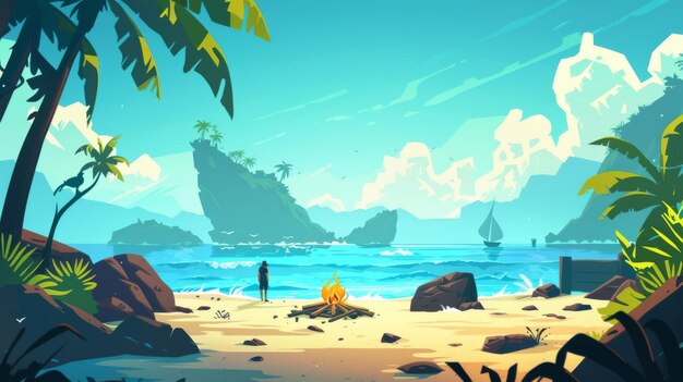 There is a cartoon sea scene with a tropical island with palm trees rocks and sand beach with a bonfire on a lost island in the ocean