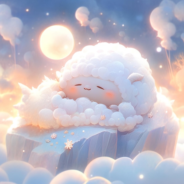 there is a cartoon sheep sleeping on a cloud covered mountain generative ai