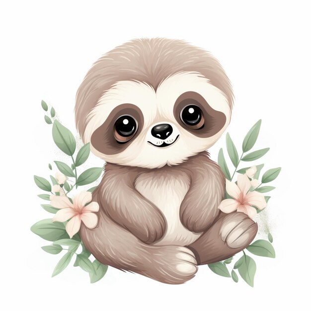 There is a cartoon sloth sitting on the ground with flowers generative ai