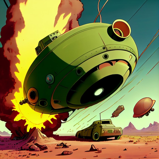 Photo there is a cartoon of a spaceship flying over a desert generative ai