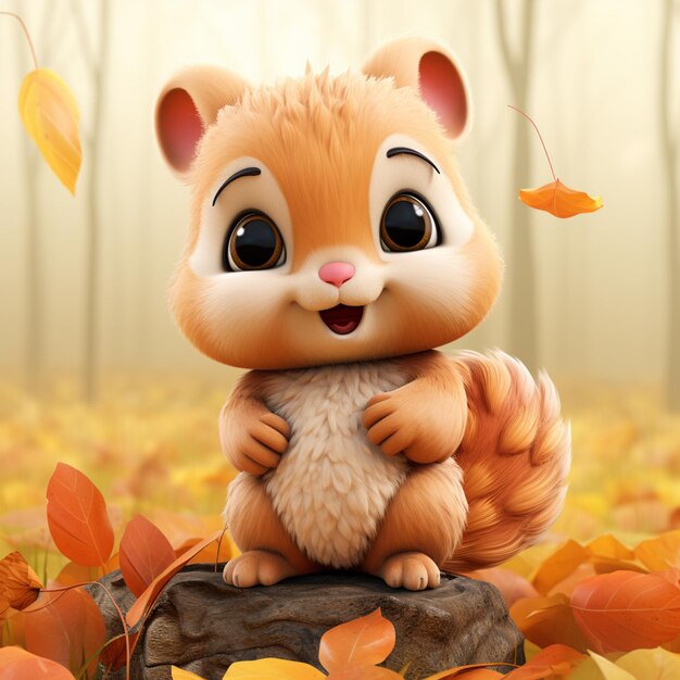 Photo there is a cartoon squirrel sitting on a rock in the leaves generative ai