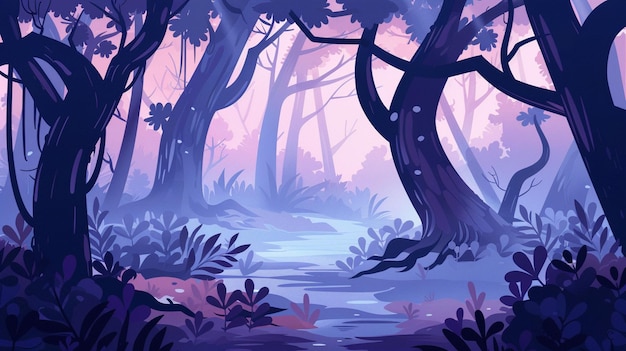 there is a cartoon style illustration of a forest with a stream generative ai