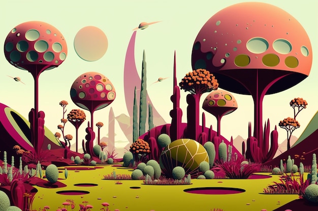 there is a cartoon style illustration of a futuristic city with trees generative ai