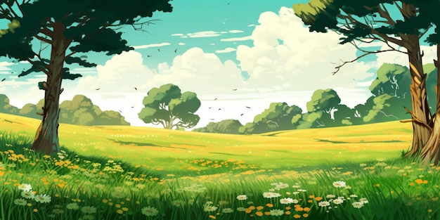 There is a cartoon style illustration of a green field with trees generative ai