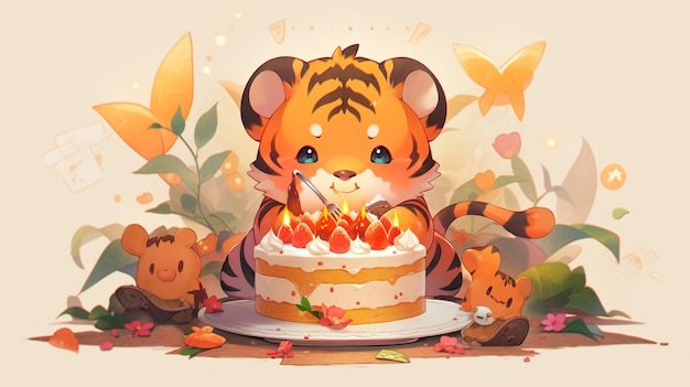 There is a cartoon tiger sitting in front of a cake generative ai