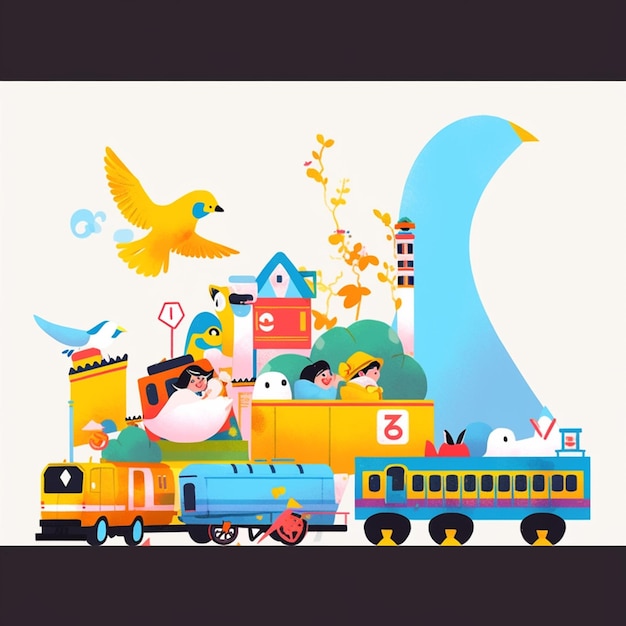 Photo there is a cartoon train with a train car and a bird flying over it generative ai