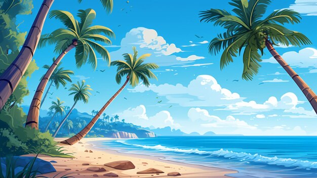 There is a cartoon of a tropical beach with palm trees generative ai