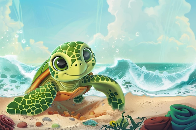 Есть черепаха из мультфильма, которая сидит на пляже.