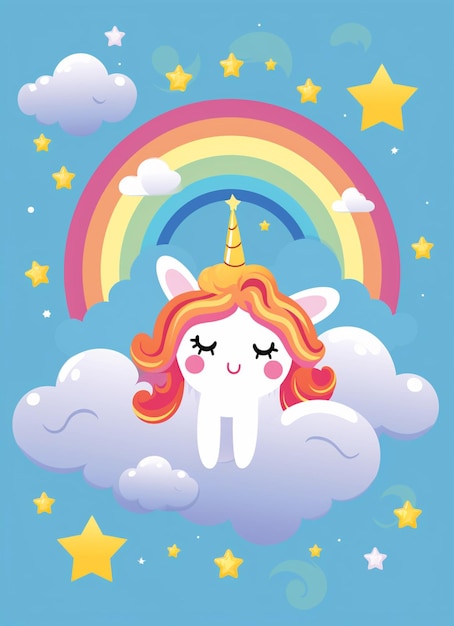 there is a cartoon unicorn sitting on a cloud with a rainbow generative ai