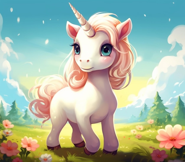 there is a cartoon unicorn standing in a field of flowers generative ai