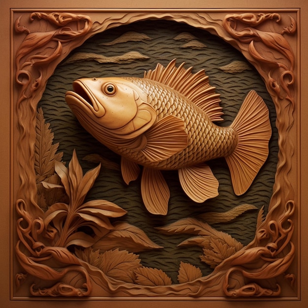there is a carved fish in a frame with leaves and water generative ai