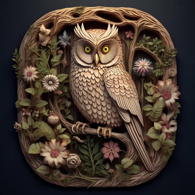 there is a carved owl sitting on a branch with flowers generative ai