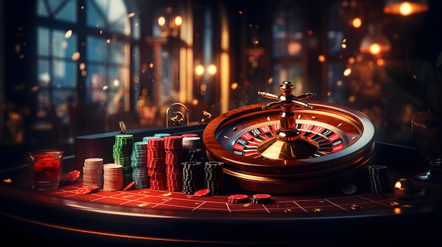 there is a casino roule with chips and a glass of wine Generative AI