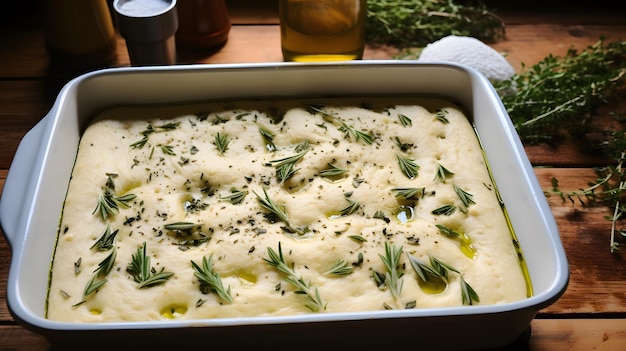 there is a casserole dish with potatoes and herbs on a table Generative AI