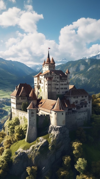 there is a castle on a mountain with a sky background generative ai