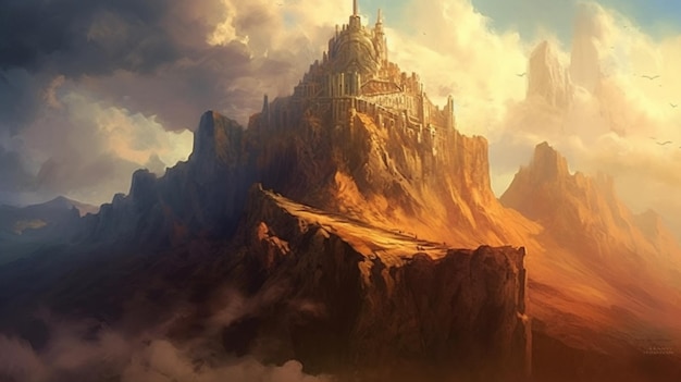 there is a castle on a mountain with a sky background generative ai