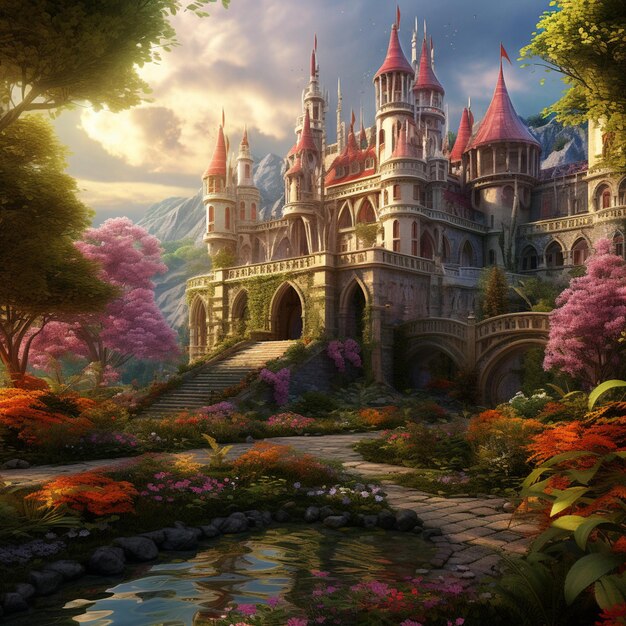 There is a castle with a bridge and a stream in the middle generative ai Premium AI generated image