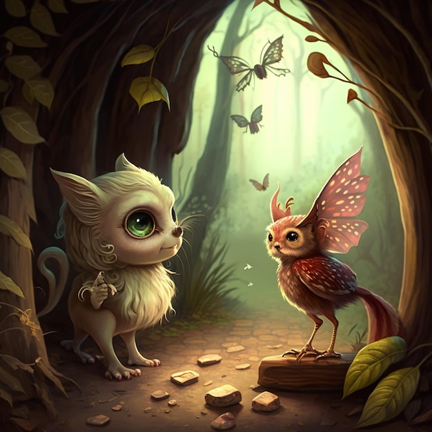 There is a cat and a bird in a forest with butterflies generative ai