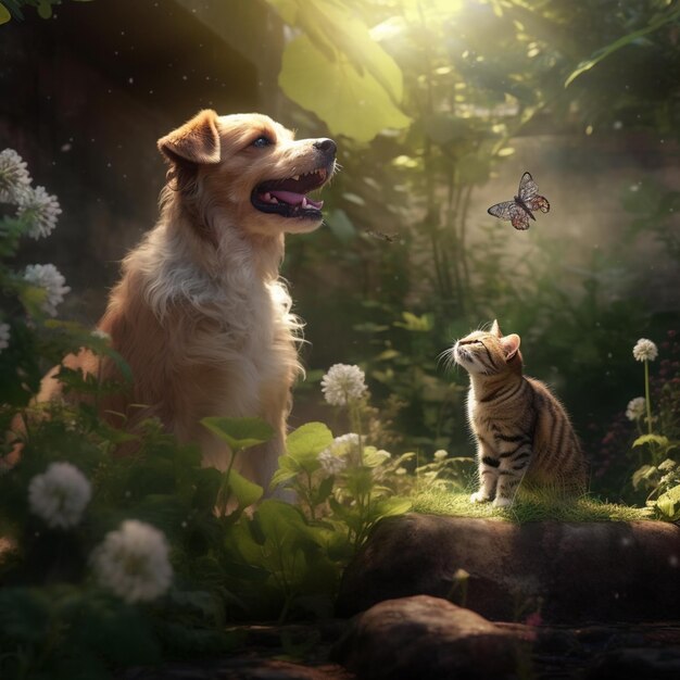 Photo there is a cat and dog in the grass with a butterfly generative ai