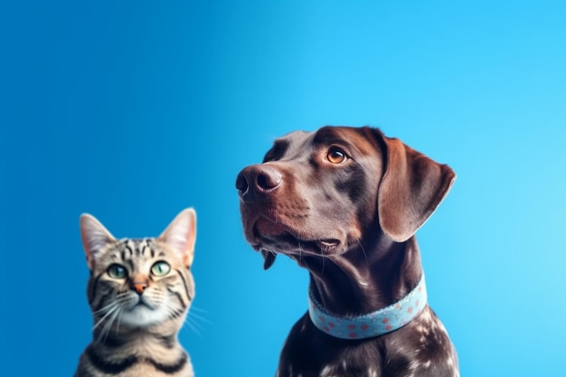 There is a cat and a dog sitting together on a blue background generative ai