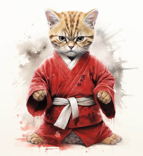 Там есть кошка, одетая в кимоно и держащая нож.
