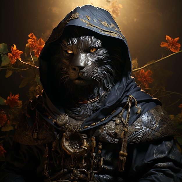 There is a cat dressed up as a knight with a hood on generative ai